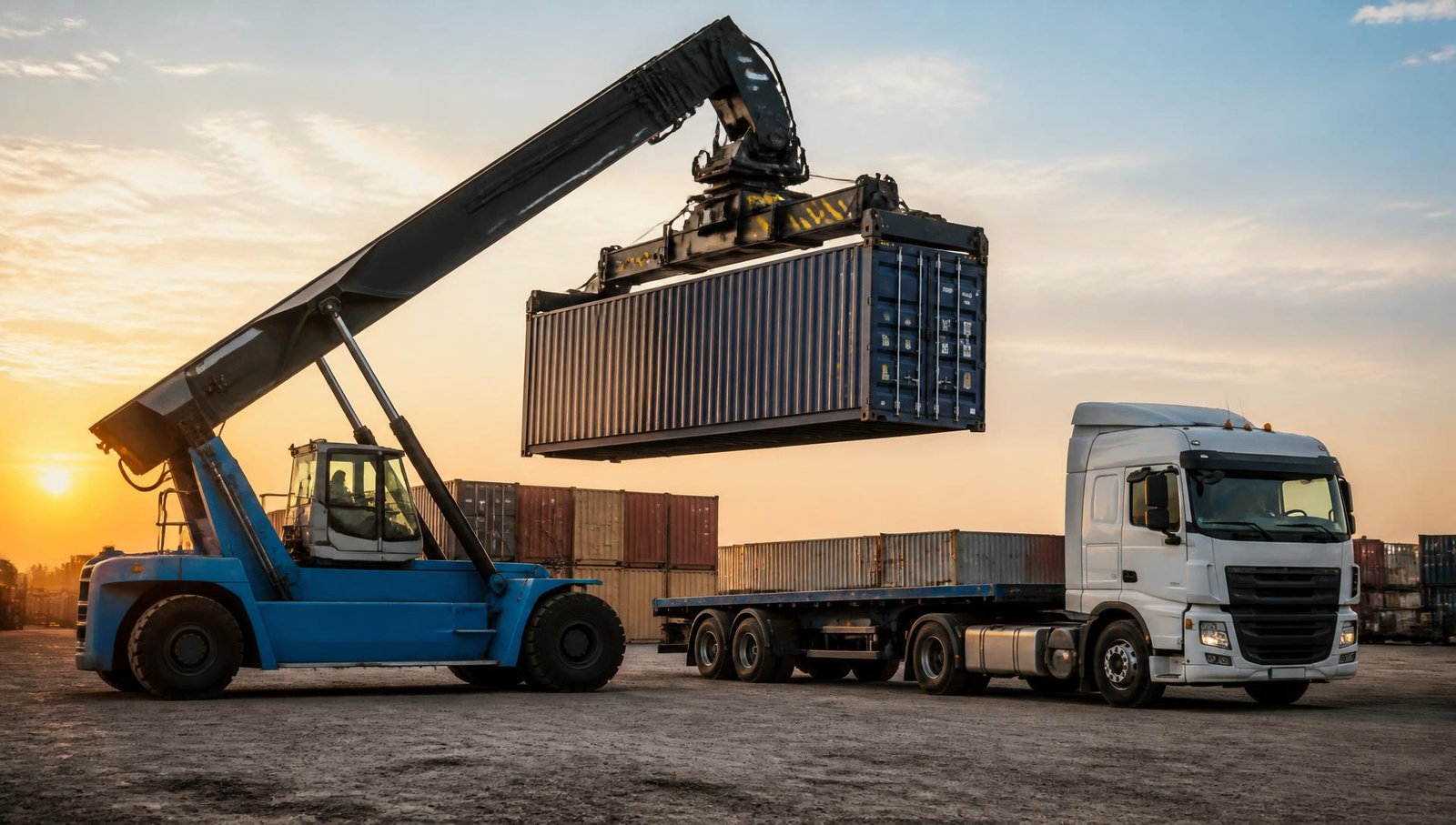 Reach stacker loading a shipping container onto a flatbed truck