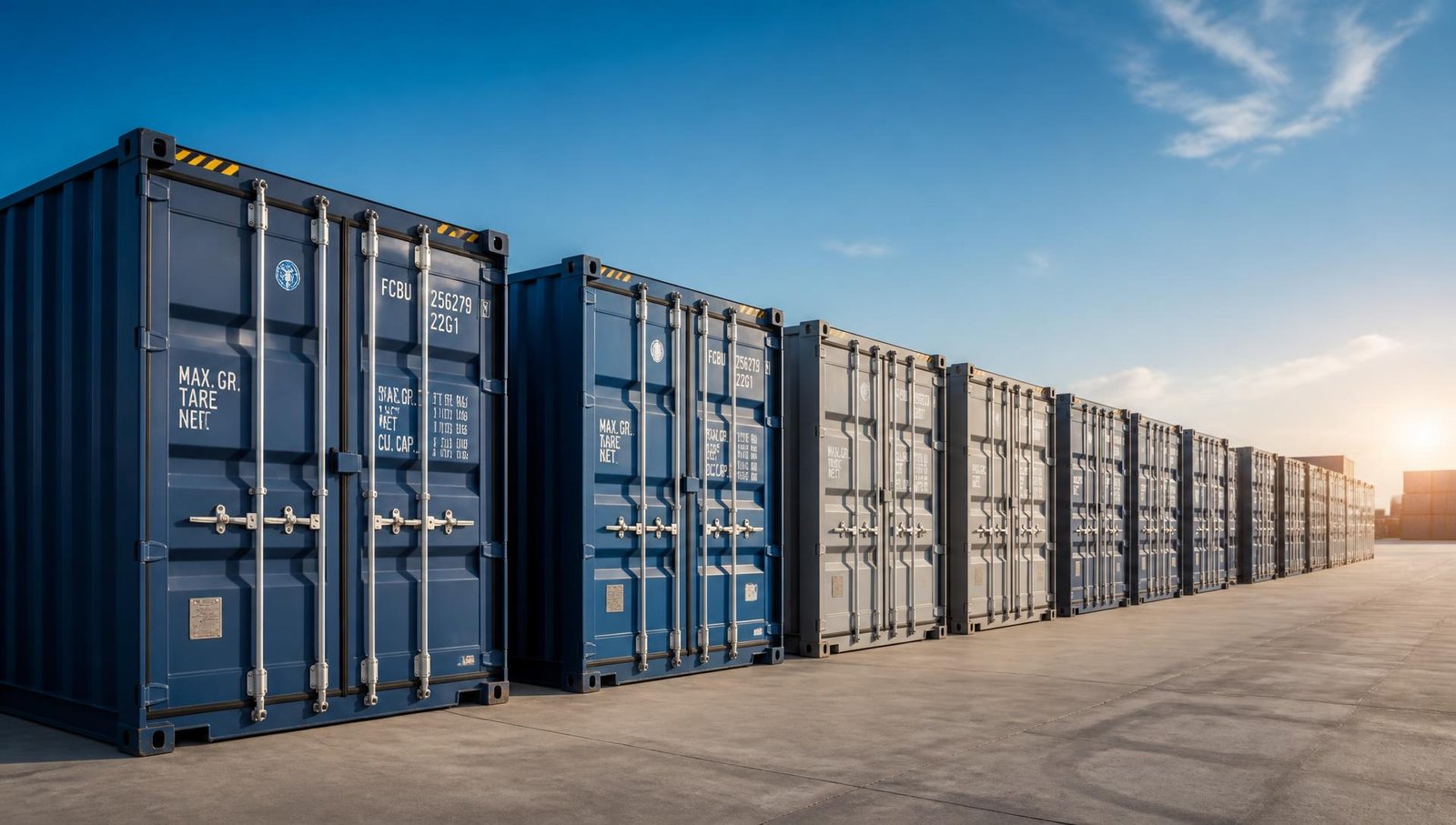 Row of new blue and grey shipping containers in a depot yard